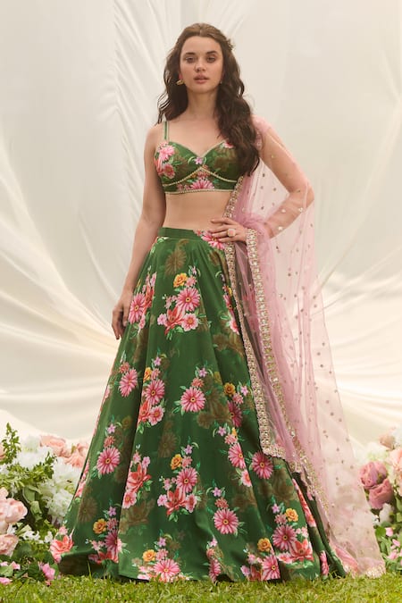 Buy Lashkaraa Green Silk Sequins V-neck Floral Printed Lehenga Set Online at Aza Fashions Buy_Lashkaraa_Green Silk Sequins V-neck Floral Printed Lehenga Set_Online_at_Aza_Fashions
