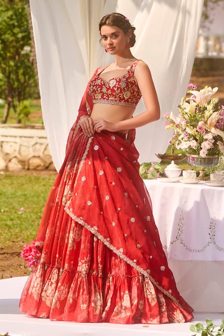 Shop_Lashkaraa_Red Organza Sequins, Embroidery Round Neck Printed Lehenga Set _Online_at_Aza_Fashions
