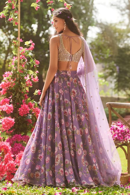 Lashkaraa Purple Silk Beads, Sequins V-neck Dusty Floral Lehenga Set Online at Aza Fashions Lashkaraa_Purple Silk Beads, Sequins V-neck Dusty Floral Lehenga Set _Online_at_Aza_Fashions