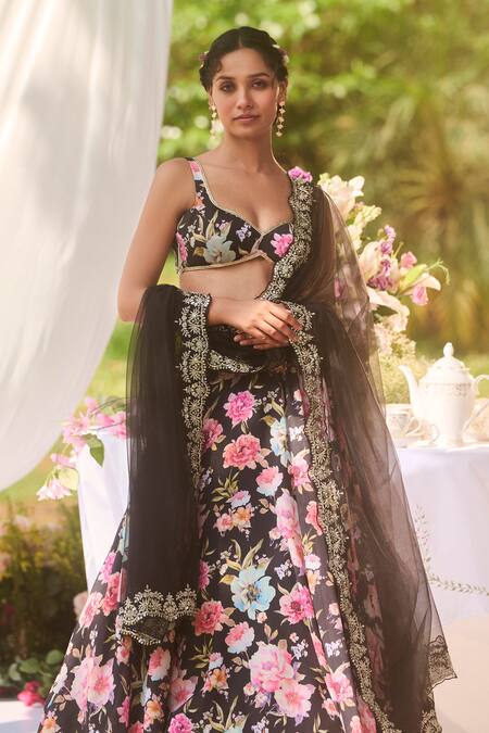 Lashkaraa_Black Silk Sequins, Embroidery Round Neck Floral Print Lehenga Set_Online_at_Aza_Fashions