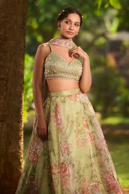 Buy Lashkaraa Green Net, Organza Embroidery, Sequins, Beads Dusty Floral Printed Lehenga Set Online at Aza Fashions Buy_Lashkaraa_Green Net, Organza Embroidery, Sequins, Beads Dusty Floral Printed Lehenga Set _Online_at_Aza_Fashions