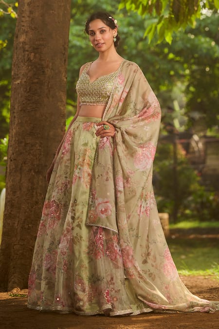 Shop Lashkaraa Green Net, Organza Embroidery, Sequins, Beads Dusty Floral Printed Lehenga Set Online at Aza Fashions Shop_Lashkaraa_Green Net, Organza Embroidery, Sequins, Beads Dusty Floral Printed Lehenga Set _Online_at_Aza_Fashions