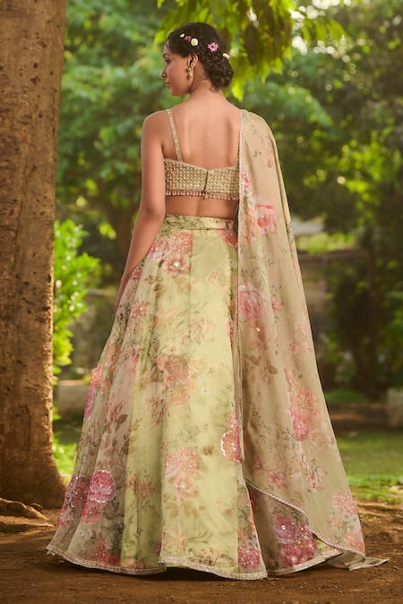 Lashkaraa Green Net, Organza Embroidery, Sequins, Beads Dusty Floral Printed Lehenga Set Online at Aza Fashions Lashkaraa_Green Net, Organza Embroidery, Sequins, Beads Dusty Floral Printed Lehenga Set _Online_at_Aza_Fashions