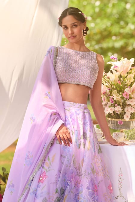 Buy Lashkaraa Lavender Organza Embroidery, Beads Round Neck Printed Classic Lehenga Set Online at Aza Fashions Buy_Lashkaraa_Lavender Organza Embroidery, Beads Round Neck Printed Classic Lehenga Set _Online_at_Aza_Fashions