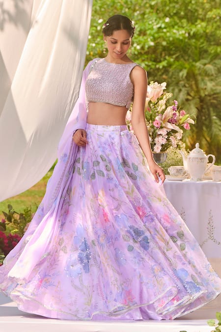 Shop Lashkaraa Lavender Organza Embroidery, Beads Round Neck Printed Classic Lehenga Set Online at Aza Fashions Shop_Lashkaraa_Lavender Organza Embroidery, Beads Round Neck Printed Classic Lehenga Set _Online_at_Aza_Fashions