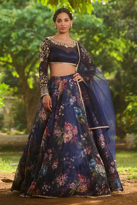 LASHKARAA Navy Net, Organza, Satin Sequins, Embroidery Blue Floral Printed Lehenga Set 
