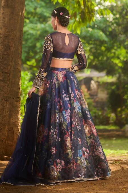 Shop Lashkaraa Navy Net, Organza, Satin Sequins, Embroidery Blue Floral Printed Lehenga Set at Aza Fashions Shop_Lashkaraa_Navy Net, Organza, Satin Sequins, Embroidery Blue Floral Printed Lehenga Set_at_Aza_Fashions