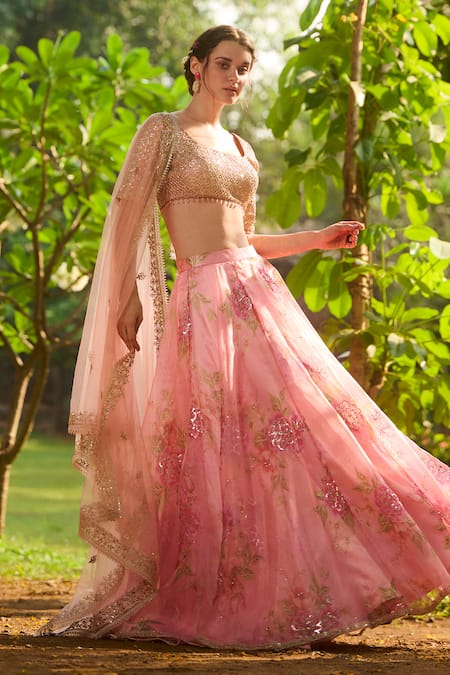 Buy_Lashkaraa_Pink Net, Organza, Satin Sequins, Embroidery Round Neck Light Lehenga Set_Online_at_Aza_Fashions