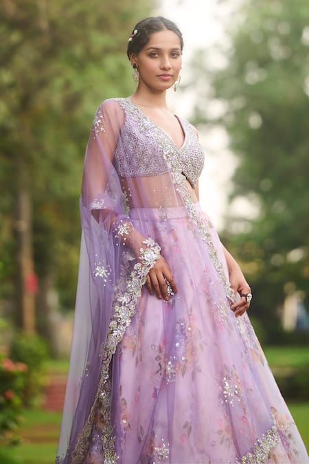 Lashkaraa_Purple Net, Organza, Satin Sequins, Embroidery V-neck Dusty Floral Lehenga Set_Online_at_Aza_Fashions