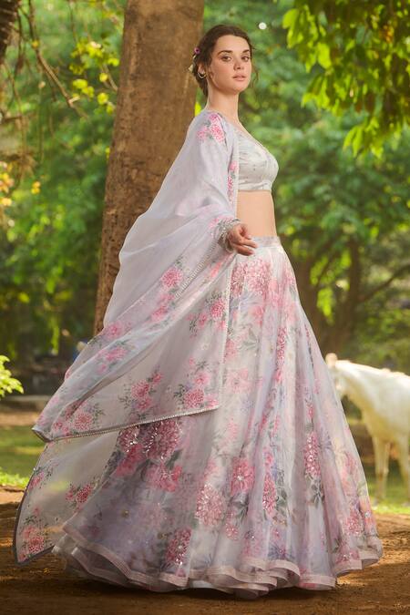 Buy_Lashkaraa_Gray Net, Organza, Satin Embroidery, Sequins Round Neck Grey Floral Lehenga Set_Online_at_Aza_Fashions