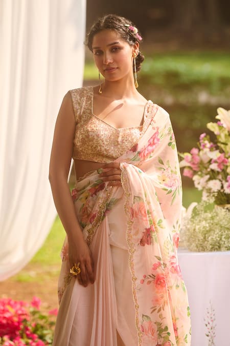 Buy_Lashkaraa_Ivory Chiffon, Net, Satin Sequins, Floral Print Pre-draped Saree With Blouse _Online_at_Aza_Fashions