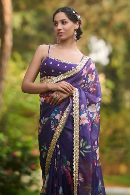 Buy Lashkaraa Purple Chiffon, Satin Sequins Square Neck Pre-draped Floral Saree Set Online at Aza Fashions Buy_Lashkaraa_Purple Chiffon, Satin Sequins Square Neck Pre-draped Floral Saree Set _Online_at_Aza_Fashions