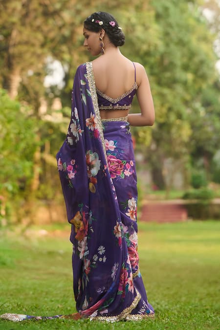 Lashkaraa Pre-Draped Floral Chiffon Saree Set 