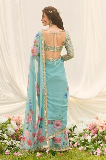 Lashkaraa Floral Print Pre-Draped Saree With Blouse 