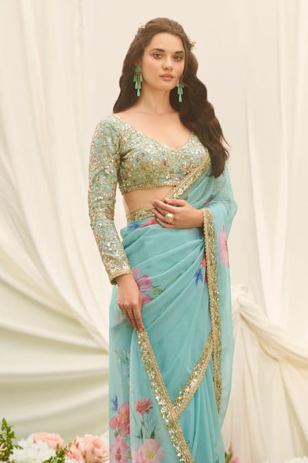 Buy_Lashkaraa_Blue Chiffon, Net, Satin Sequins, Floral Print Pre-draped Saree With Blouse _Online_at_Aza_Fashions