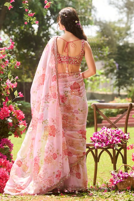 Shop Lashkaraa Pink Chiffon Sequins, Embroidery, Floral Print Pre-draped Saree With Blouse at Aza Fashions Shop_Lashkaraa_Pink Chiffon Sequins, Embroidery, Floral Print Pre-draped Saree With Blouse_at_Aza_Fashions