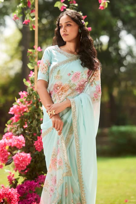 Buy_Lashkaraa_Blue Chiffon Sequins Round Neck Floral Pre-draped Saree With Blouse _Online_at_Aza_Fashions