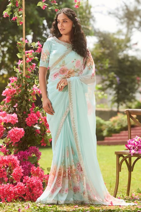 Shop_Lashkaraa_Blue Chiffon Sequins Round Neck Floral Pre-draped Saree With Blouse _Online_at_Aza_Fashions