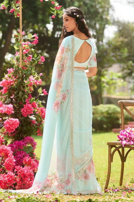 Lashkaraa Blue Floral Chiffon Pre-Draped Saree With Blouse 