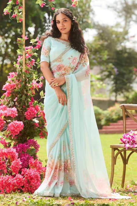 LASHKARAA Blue Chiffon Embroidery Round Neck Floral Saree Set 