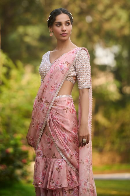Buy_Lashkaraa_Pink Organza Sequins, Embroidery, Printed Pre-draped Ruffle Saree With Blouse _Online_at_Aza_Fashions