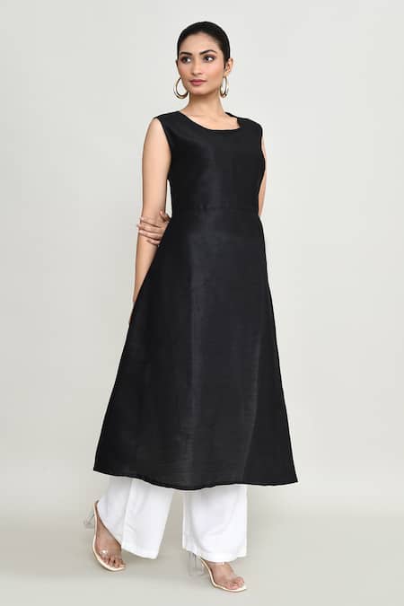 Buy_Abbaran_Black Rayon Embroidery Round Neck Asymmetrical Tunic _Online_at_Aza_Fashions