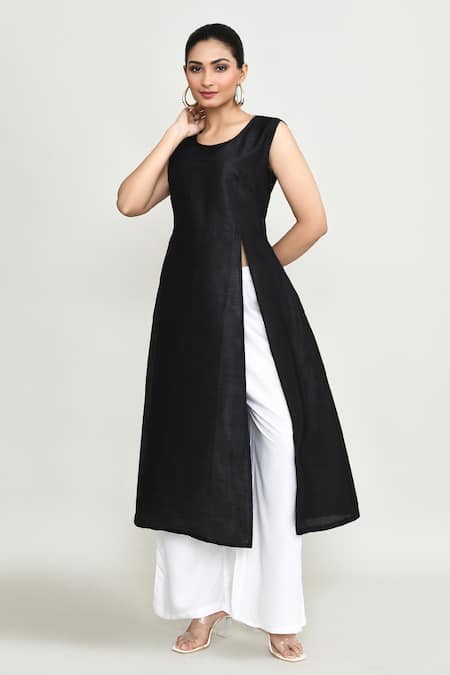 Shop_Abbaran_Black Rayon Embroidery Round Neck Asymmetrical Tunic _Online_at_Aza_Fashions