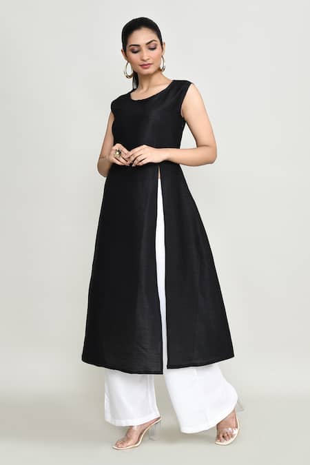 Abbaran_Black Rayon Embroidery Round Neck Asymmetrical Tunic _at_Aza_Fashions