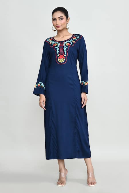 Abbaran Blue Rayon Embroidery Round Neck Tunic 