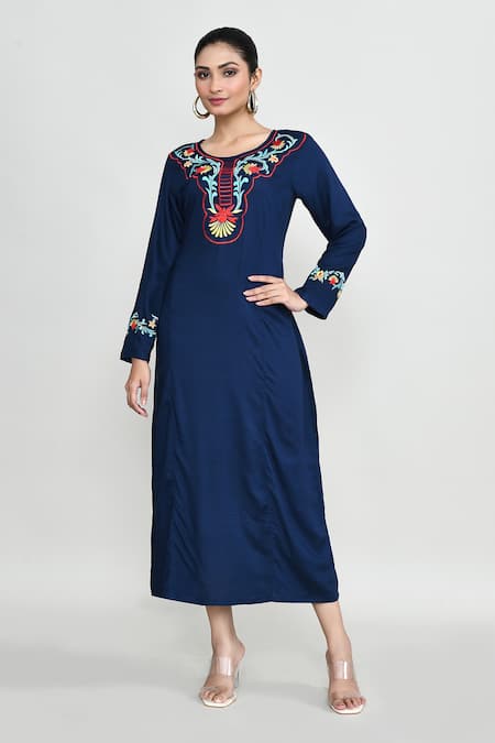 Abbaran_Blue Rayon Embroidery Round Neck Tunic _Online_at_Aza_Fashions