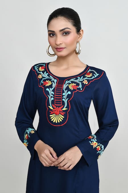 Buy_Abbaran_Blue Rayon Embroidery Round Neck Tunic _Online_at_Aza_Fashions