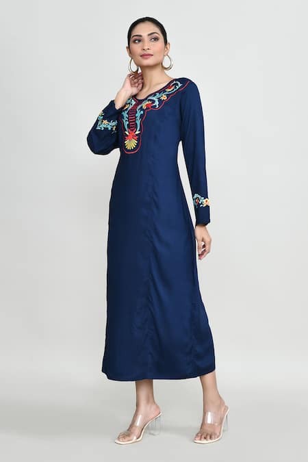Shop_Abbaran_Blue Rayon Embroidery Round Neck Tunic _Online_at_Aza_Fashions