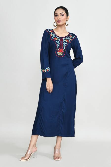 Abbaran_Blue Rayon Embroidery Round Neck Tunic _at_Aza_Fashions