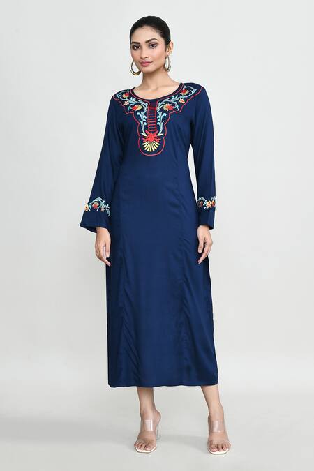 Buy_Abbaran_Blue Rayon Embroidery Round Neck Tunic 