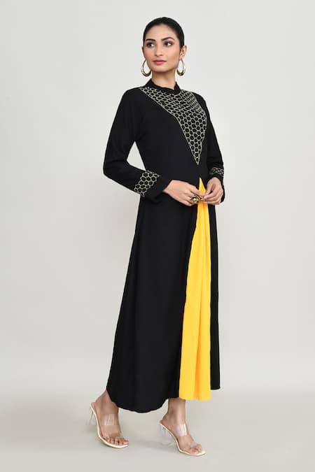 Shop_Abbaran_Black Rayon Embroidery Mandarin Collar Long Tunic _Online_at_Aza_Fashions