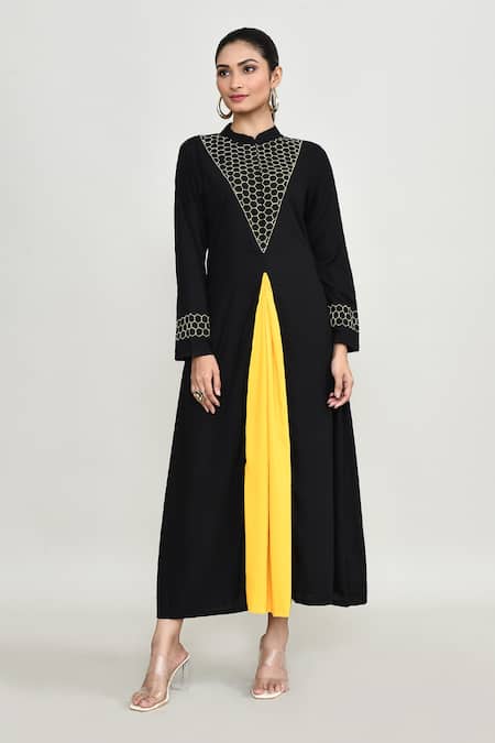 Abbaran_Black Rayon Embroidery Mandarin Collar Long Tunic _at_Aza_Fashions