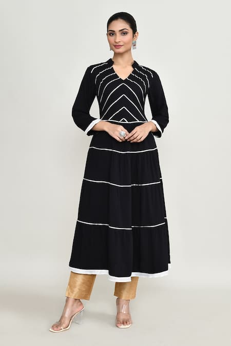 Shop_Abbaran_Black Rayon Embroidery V-neck Long Kurti _Online_at_Aza_Fashions