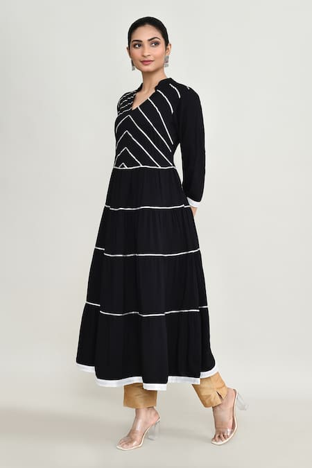 Abbaran_Black Rayon Embroidery V-neck Long Kurti _at_Aza_Fashions