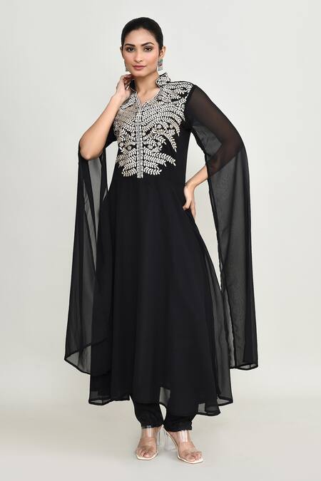 Abbaran_Black Rayon Embroidery Collared Long Tunic _at_Aza_Fashions