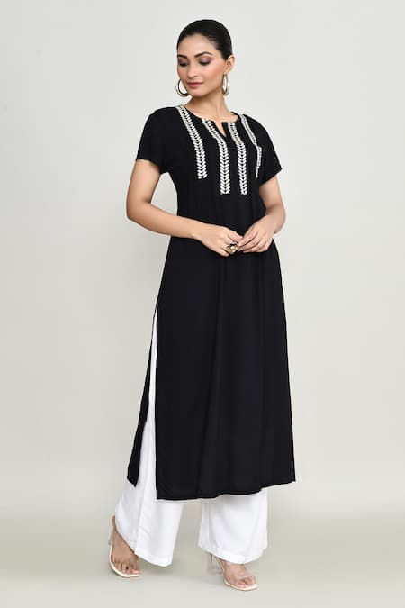 Buy_Abbaran_Black Rayon Embroidery Keyhole Neck Long Tunic _Online_at_Aza_Fashions