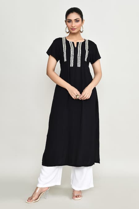 Shop_Abbaran_Black Rayon Embroidery Keyhole Neck Long Tunic _Online_at_Aza_Fashions
