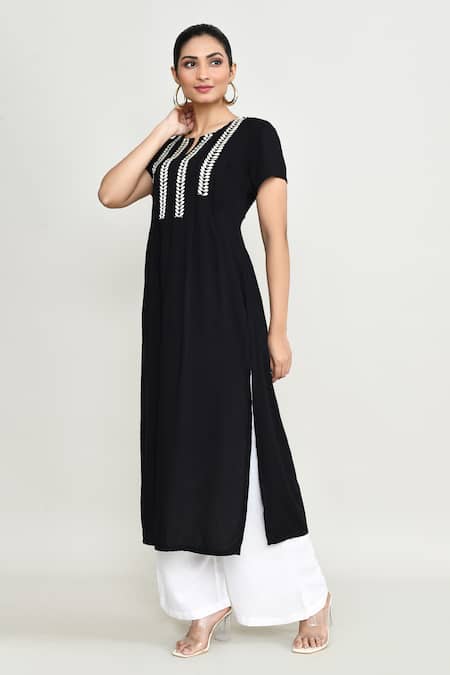 Abbaran_Black Rayon Embroidery Keyhole Neck Long Tunic _at_Aza_Fashions