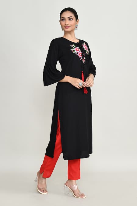 Buy_Abbaran_Black Rayon Embroidery Round Neck Tunic With Bell Sleeves _Online_at_Aza_Fashions