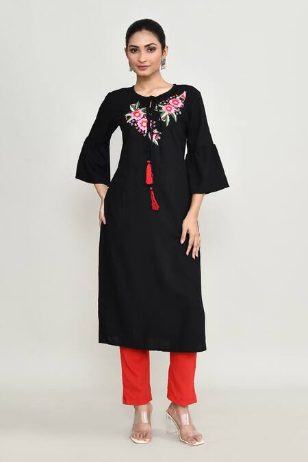 Abbaran_Black Rayon Embroidery Round Neck Tunic With Bell Sleeves _at_Aza_Fashions