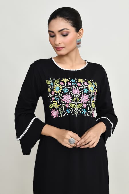 Abbaran_Black Rayon Embroidery Round Neck Tunic_Online_at_Aza_Fashions