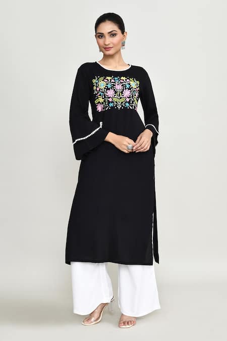 Buy_Abbaran_Black Rayon Embroidery Round Neck Tunic_Online_at_Aza_Fashions