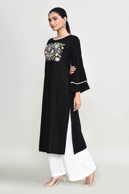 Abbaran_Black Rayon Embroidery Round Neck Tunic_at_Aza_Fashions