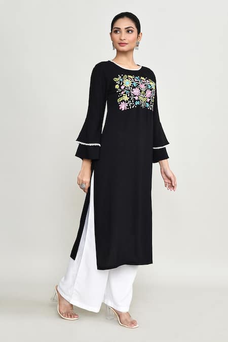 Buy_Abbaran_Black Rayon Embroidery Round Neck Tunic