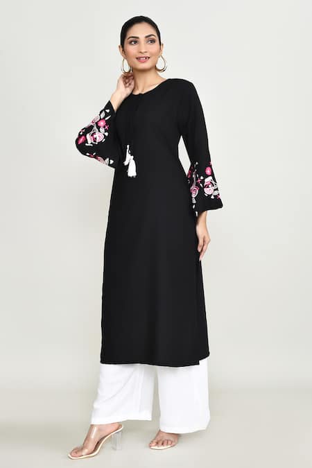 Buy_Abbaran_Black Rayon Embroidery Round Neck Long Tunic _Online_at_Aza_Fashions