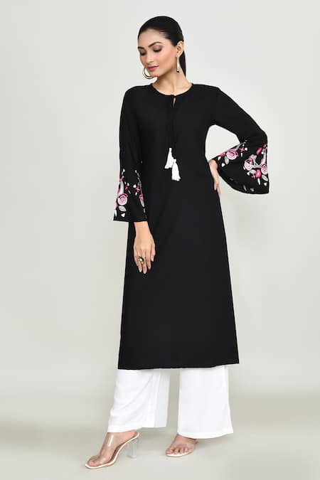 Shop_Abbaran_Black Rayon Embroidery Round Neck Long Tunic _Online_at_Aza_Fashions